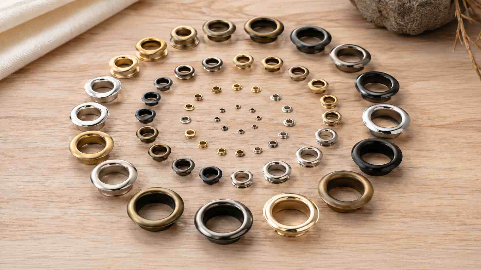 bulk eyelets, The bulk eyelets are arranged in multiple sizes and metal finishes on a wooden surface.